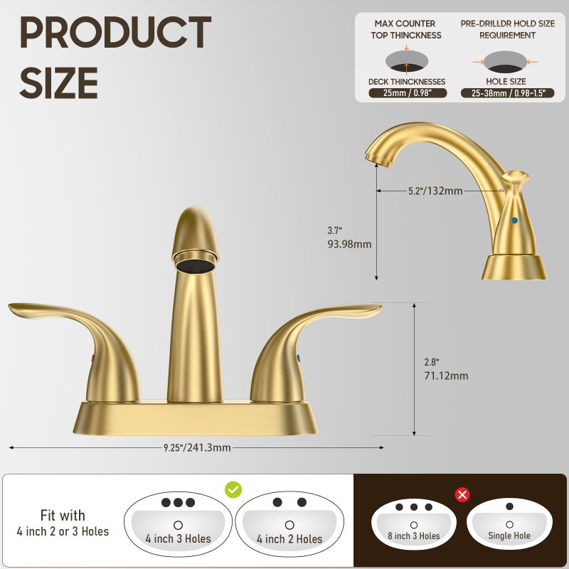 Phiestina Brushed Gold 4 Inch Centerset 2 or 3 Holes 2 Handle Bathroom Faucet, Bathroom Faucet with Copper Pop Up Drain and Water Supply Lines, BF008-5-BG - Image 3
